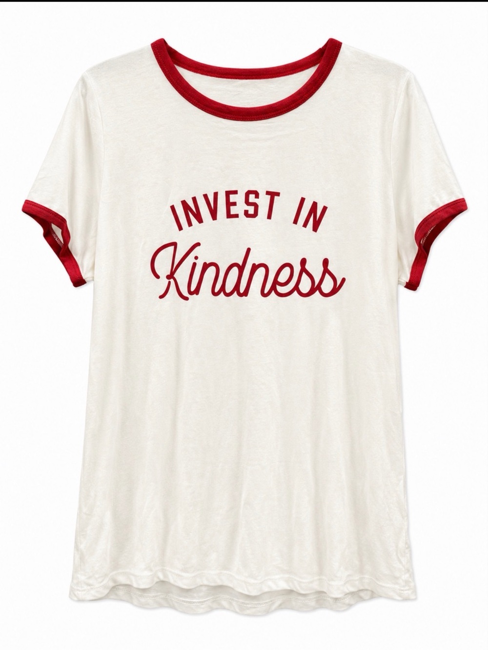torrid White Tee with Red Trim and Script "Invest in Kindness"